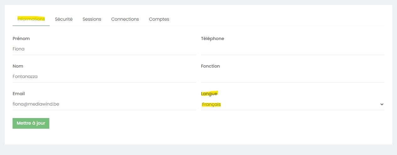 Modifier langue dans profil